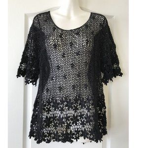 Black Cotton Daisy Flower Crochet Short Sleeve Sheer Mesh Top Boho Cover Up